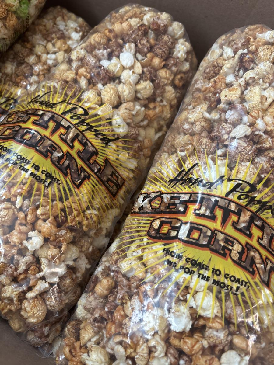 Bags of classic kettle corn stacked together.